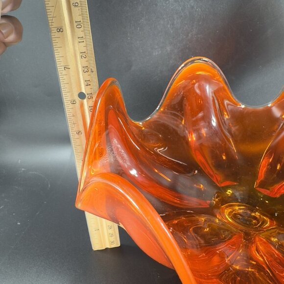 MCM Viking Glass Epic Line Footed Compote Dish Bowl Six Pedal Persimmon Glass - Picture 6 of 16